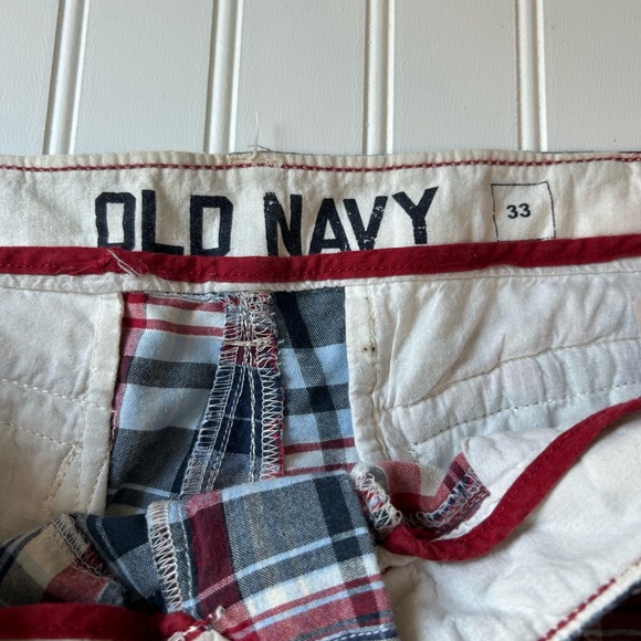 Old Navy Shorts Madras Plaid Patchwork Red Blue Pockets Summer Festival Size 33 - Picture 4 of 8